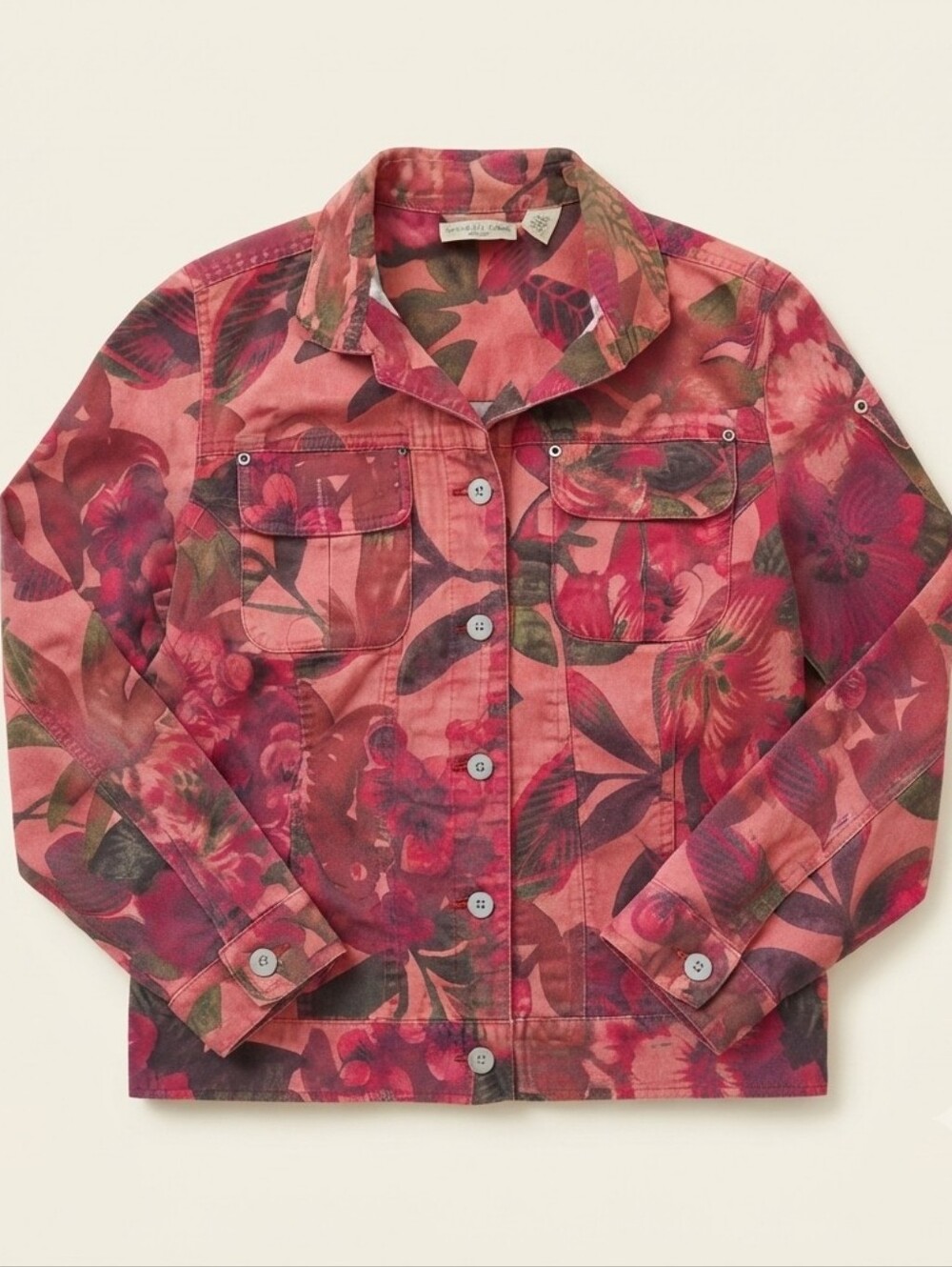 Chico's Women's Pink Green Floral Canvas Utility Jacket Size 0 XS S